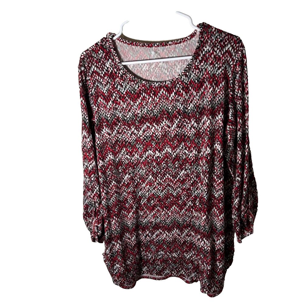 Anne Klein Blouse Women's XL Round Neck 3/4 Sleeve Printed Metallic Top Shirt